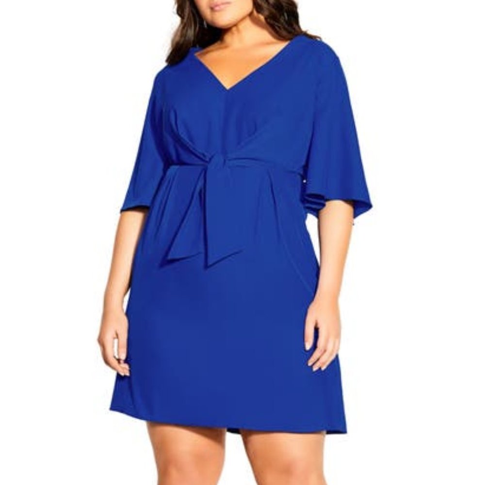 City Chic Knot Front Fit & Flare Dress In Electric Blue